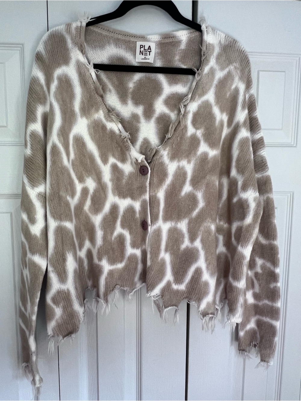 Planet Gold Taupe and White Distressed Patterned Button Cardigan